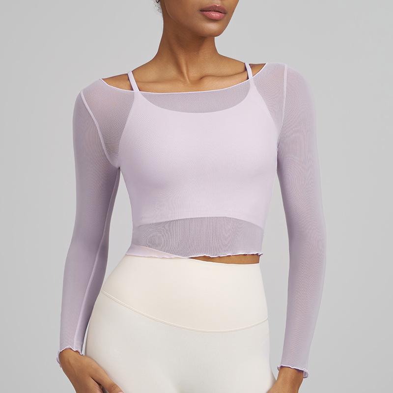 Joomon Mesh Yoga Set: Two-Piece Long Sleeve Quick-Dry Camisole with Integrated Cup Sports Bra
