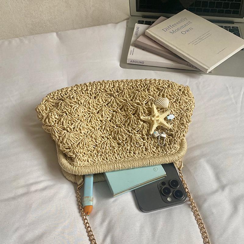 Yogodlns Women Straw Shoulder Bag Chain Strap Woven Crossbody Bags Large Capacity Cloud Clutch Purse Stylish Solid Color Beach Handbags