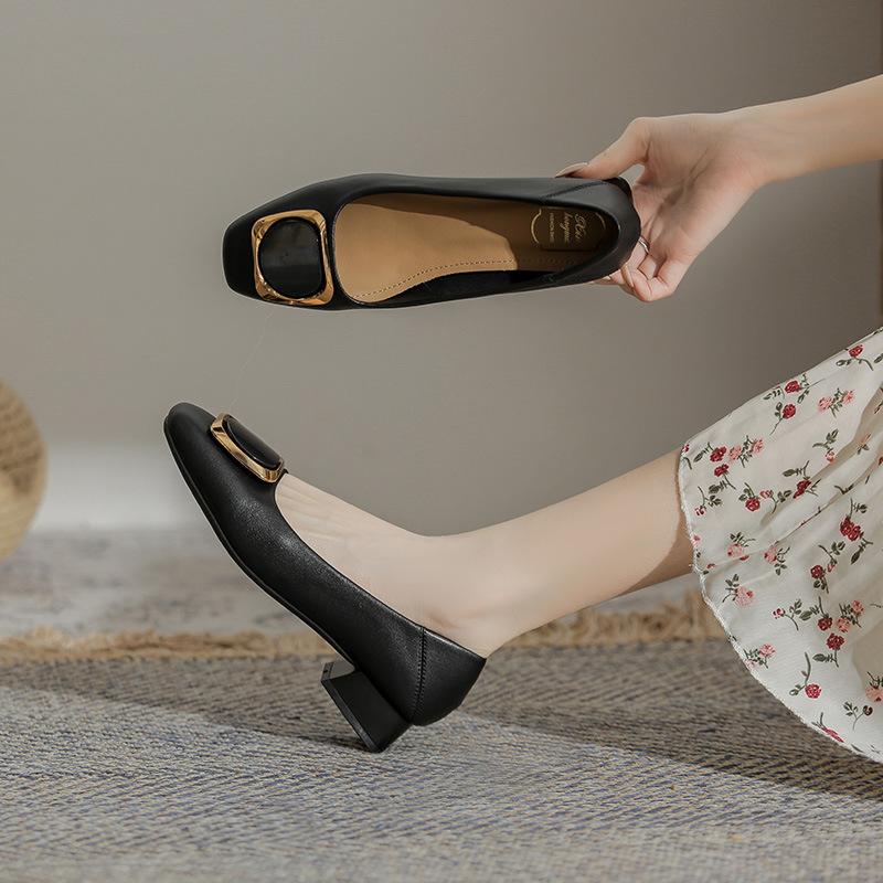 Super Soft Single Shoes Thick Heel New Summer Fairy Wind Ladyshoes Light Mouth Versatile Middle Heel Mother Shoes Large Size Women's Work Shoes