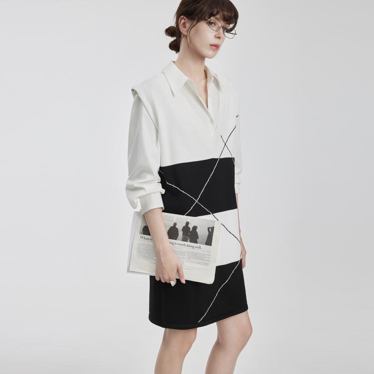 ELLE Chic Color-Blocked Striped V-Neck Long Sleeve Dress Women dresses Black White EL50698