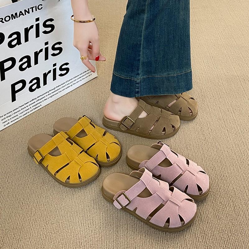 Fashion 2025 New Flock Shoes Ladies' Slippers Low Heels Summer Woman Cover Toe Low Platform Beach Fabric Rome Rubber