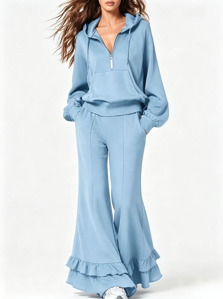 2026 Amazon popular women's clothing casual hooded half-zipper sweater set ruffle edge flared pants two-piece set women