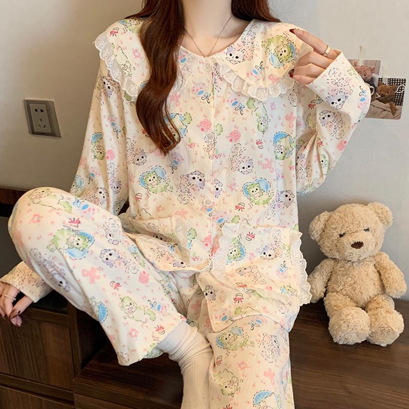 Women's Cartoon Lace Peter Pan Collar Cotton Pajamas - Long Sleeve, Spring/Fall, Winter Style