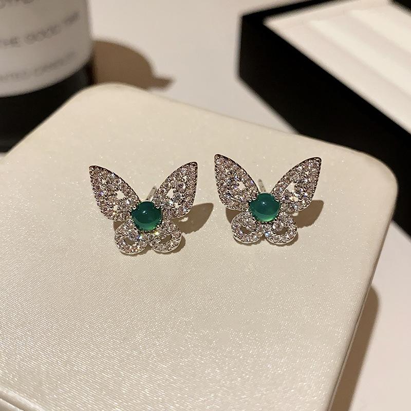 

S sterling silver needle zircon chalcedony butterfly stud earrings women s high-end sense light luxury fashion personalized earrings new ear jewelry