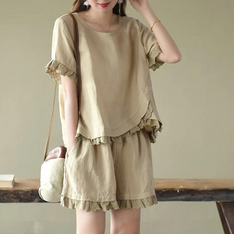 2PC Cotton Suit Women Summer Comfortable Short-sleeved Loose T-shirt Wide Leg Shorts Two-piece Set