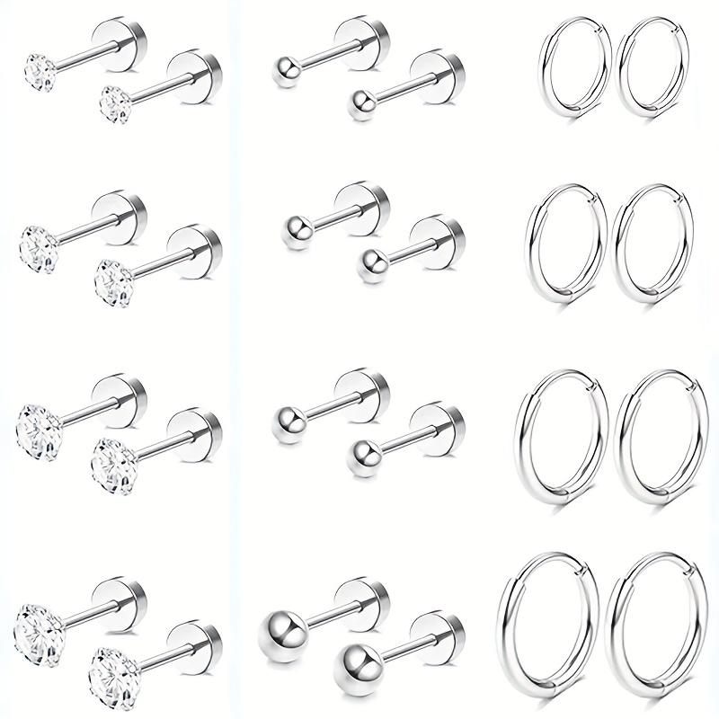 12-Pair Stainless Steel Earrings Set , Flat Back Studs, Small Size for Men  Women Cartilage Earrings for Multiple Piercings