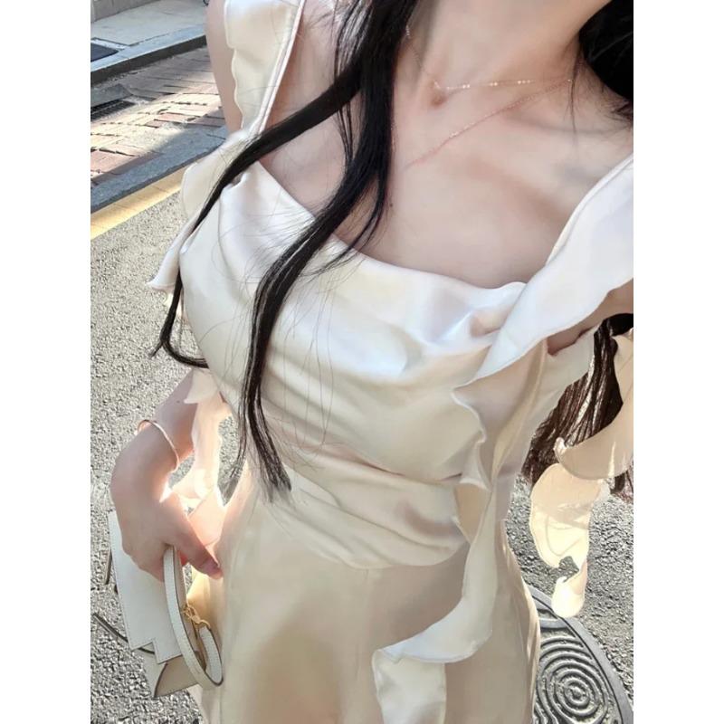 Elegant Party Mini Stain Dress Women Sleeveless Fairy Strap Dress Office Lady Vintage One Piece Dress Korean 2026 Summer