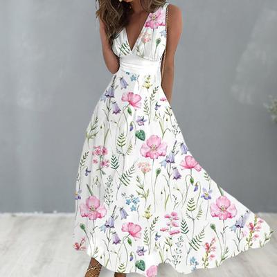 Deep V Neck Sleeveless Maxi Dress A-Line Big Hem Full Length Elegant Floral