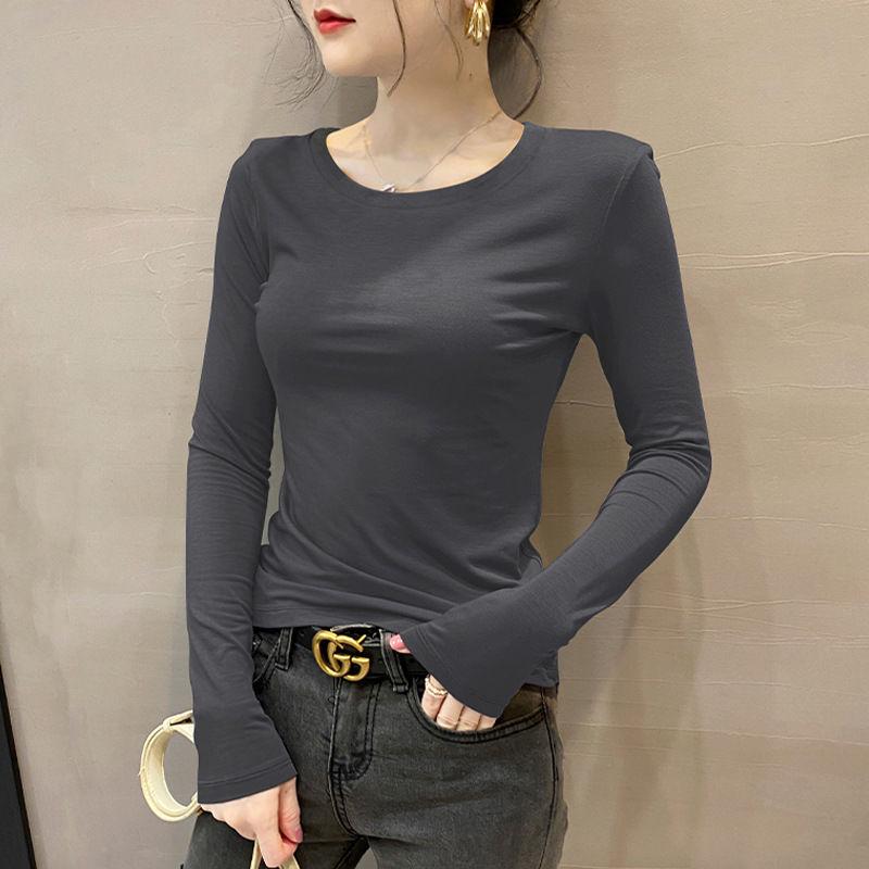 Camiseta Feminina Cinza Escuro Slim Fit Manga Longa Gola Redonda - Primavera/Outono/Inverno 2025