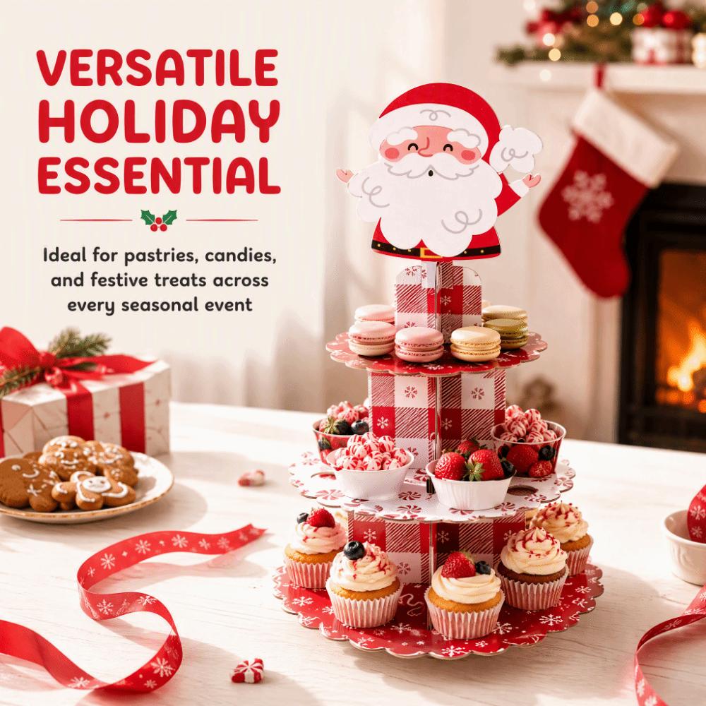 Round Santa Claus Cupcake Stand 3 Tier Cake Display Rack Christmas Party Supplies