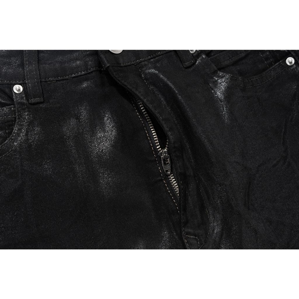 ZYLLO Streetwear Black Wax Leather Strecth Jeans for Men Ropa Hombre Baggy Y2k Flare Pants Oversized Straight Denim Trousers