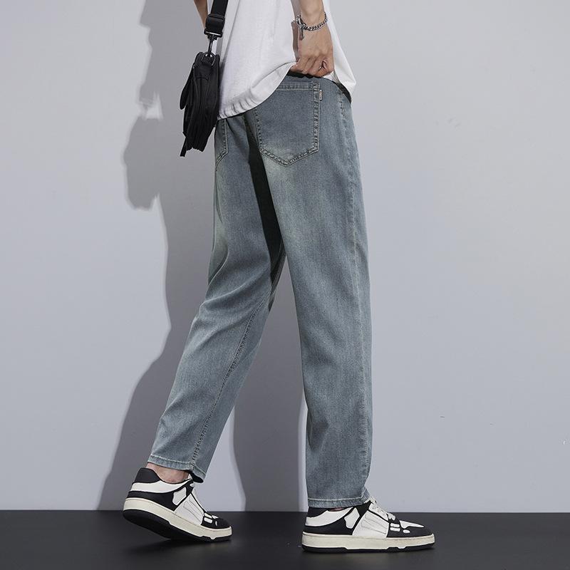 Tencel denim men's summer lightweight lyocell loose straight high-end soft trend versatile nine-point pants