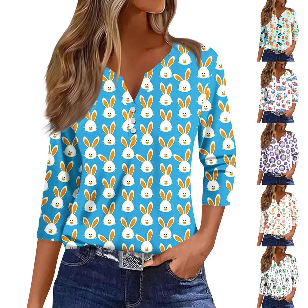 Women's Fashion Casual Seven Minute Sleeve Popover Easter Print Pullover Top