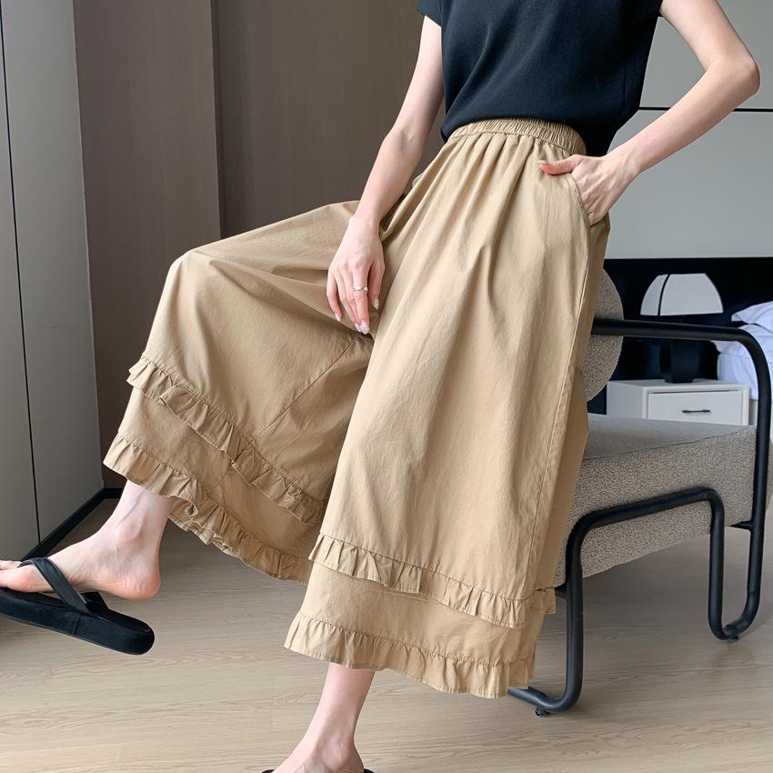 2026 Plus Size Spring/Summer Wide-Leg Ruffle Skirt Pants – Japanese Style, Solid Color, Slimming, Breathable, Versatile.