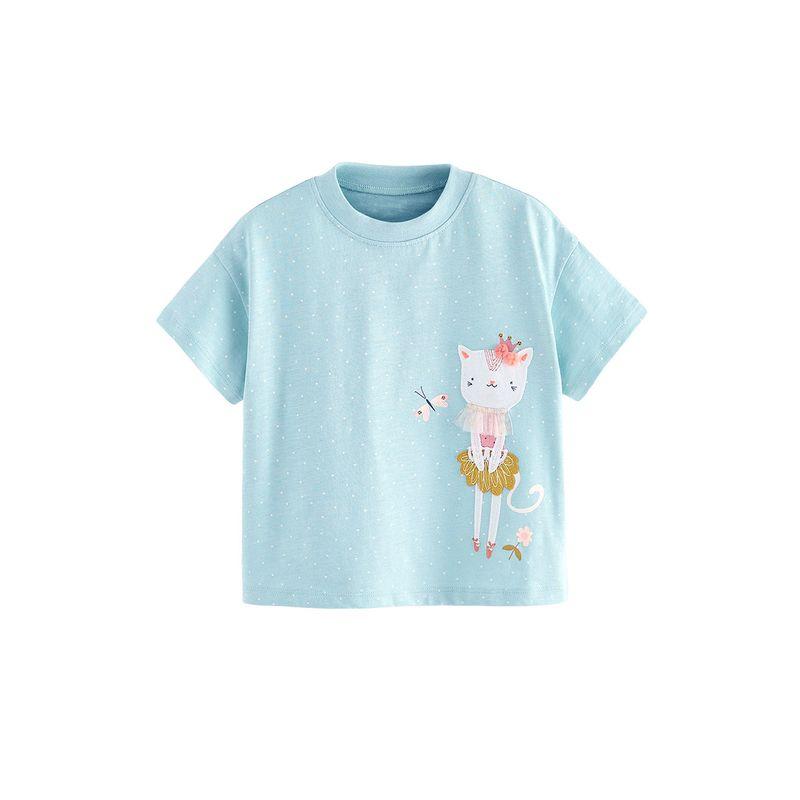 Girls' Polka Dot Cute Cat Short-Sleeved T-Shirt Kidsren's Tops Baby Pure Cotton Summer Clothes Kidsren's Half-Sleeved T-Shirt 2-8