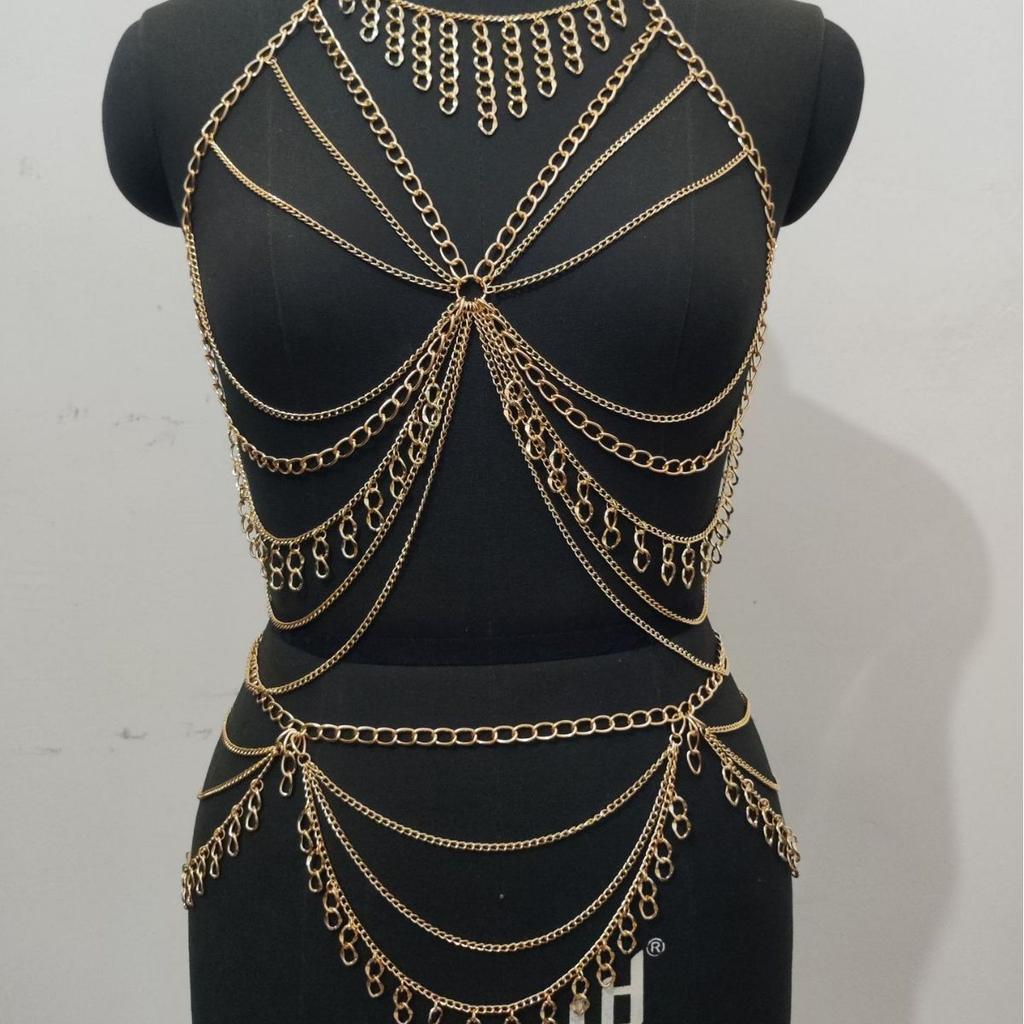 Body Chain Waist Chain Two-piece Set, Metal Chain Multi-layer Fringed Chest Chain Waist Set Bodychai.