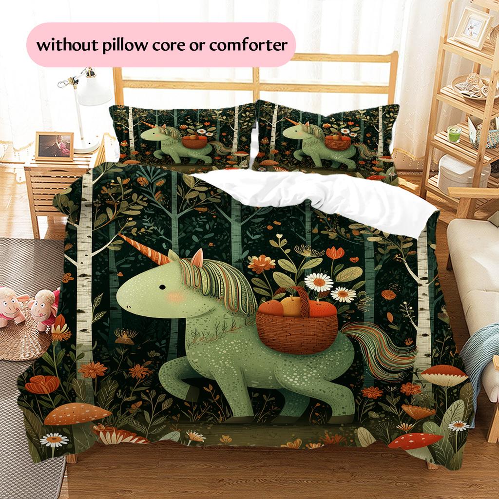 Forest Cartoon Animals Pattern Bedding Quilt Set  Home Decoration  Gift (1 * duvet cover + 2 * pillowcase  without core)