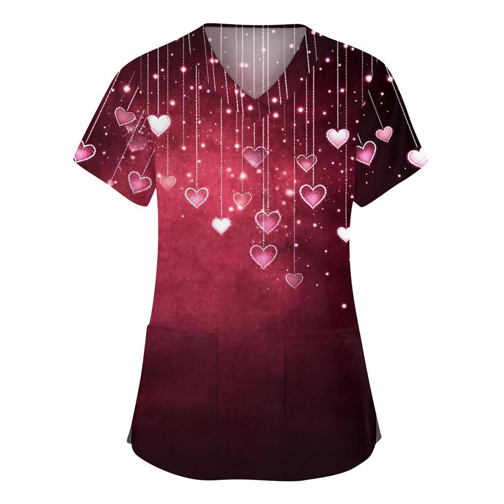 Damesmode werkkleding met V-hals, korte mouwen en bedrukte zakken