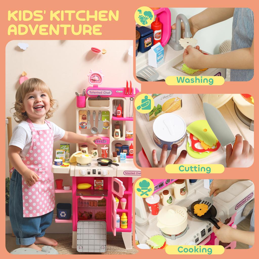 Pretend Play Kitchen Set With Realistic Lights And Sounds 104PCS Toy Kitchen Accessories For Boys And Girls Pink