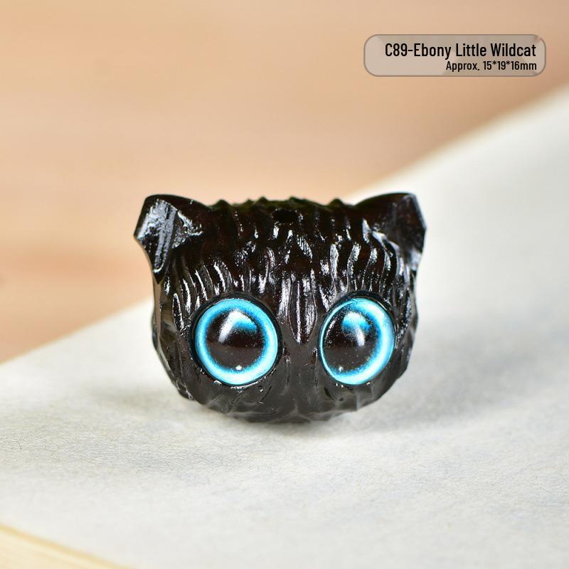 Blue-Eyed Black Wood Cat Head Phone Chain Bag & Car Ornament with Purple Heartwood & Prayer Beads Bracelet