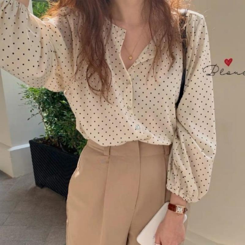 YYFS Women's Fashion Casual Spring Autumn Polka Dot Print Long Sleeve V-Neck Blouses & Shirts