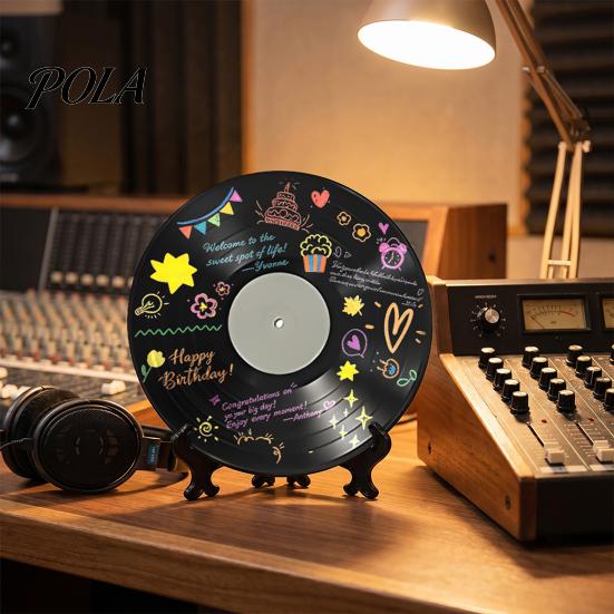 Personalized Vinyl Record Gift DIY Graffiti Clock Ornament, Reusable Blank Acrylic Retro Tabletop Decorative Display Wall Decor with Stand,