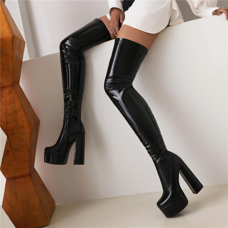 Stivali col tacco alto da donna, stivali sexy europei e americani impermeabili con plateau, tacco spesso, tinta unita, grandi dimensioni, al ginocchio