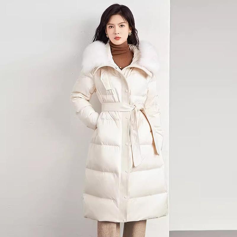

Goose down long down jacket women s 2025 winter new thickened large fur collar warm waist thin coat tide S