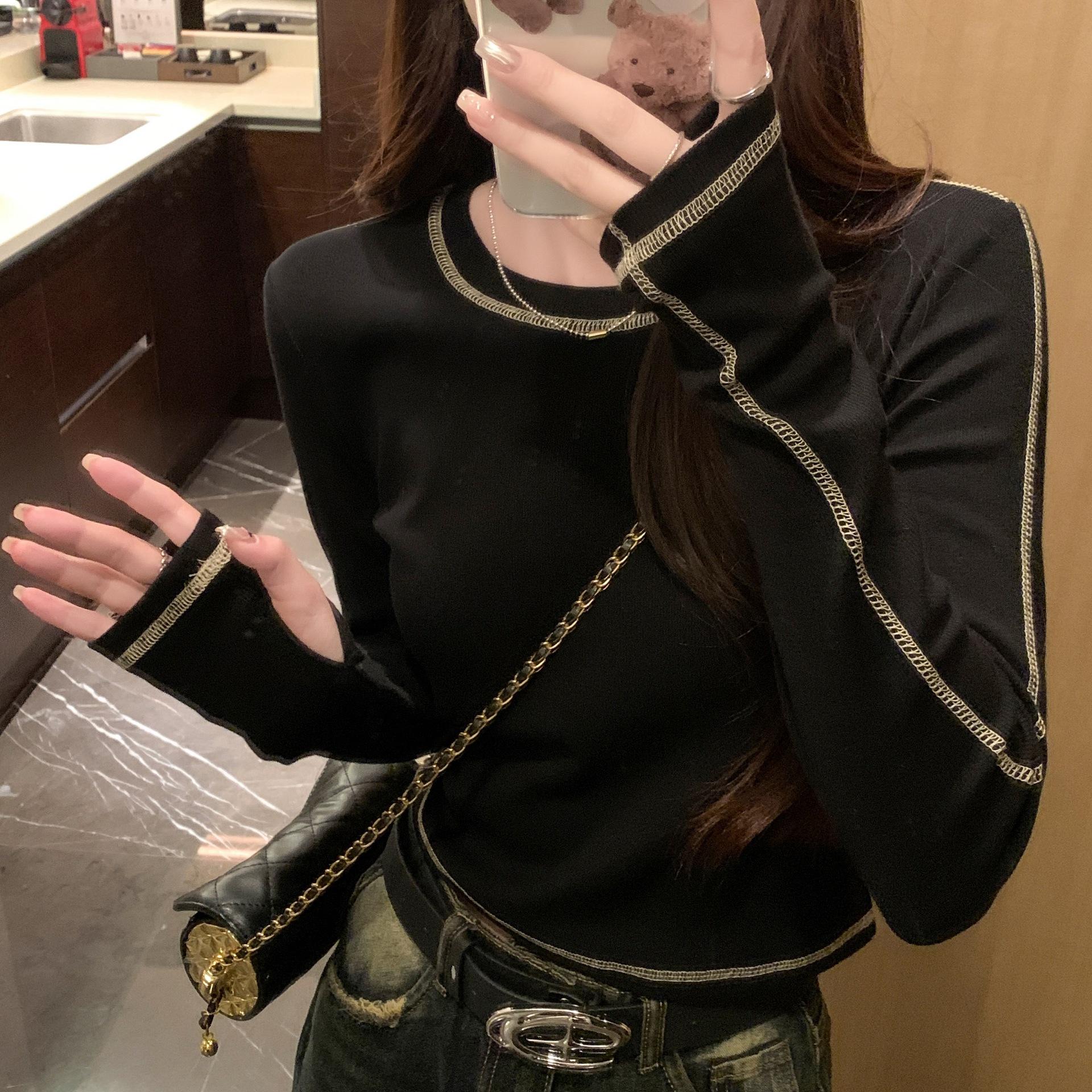 

Весенний новый дизайн Feels Chic Контрастный цвет Тонкая футболка с круглым вырезом Короткий базовый топ с длинными рукавами XL