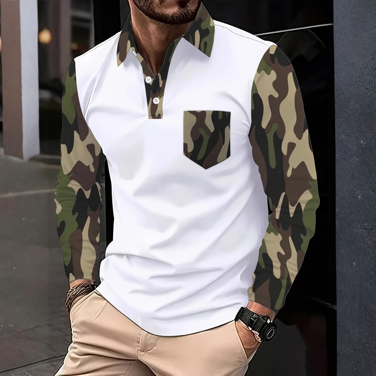 

Men s Camouflage Pre-Washed Casual Outdoor Long-Sleeve Shirt - Flip Collar Pocket Breathable Top XL білий