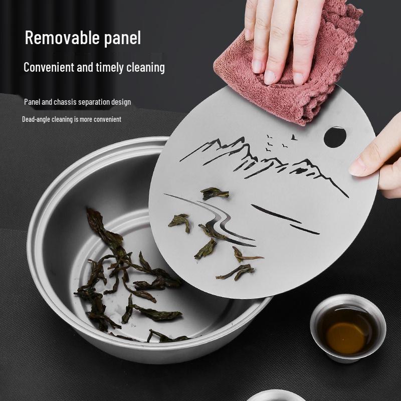 Pure Titanium Tea Tray: Mountain & Water Design, Large Capacity, Chaoshan Gongfu Tea Set, Round Base, Healthy Tea Ceremony Table.