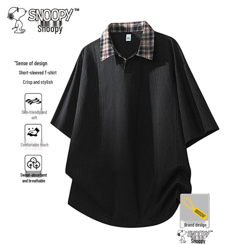 Snoopy Men s Plaid Splicing Polo Shirt 2XL