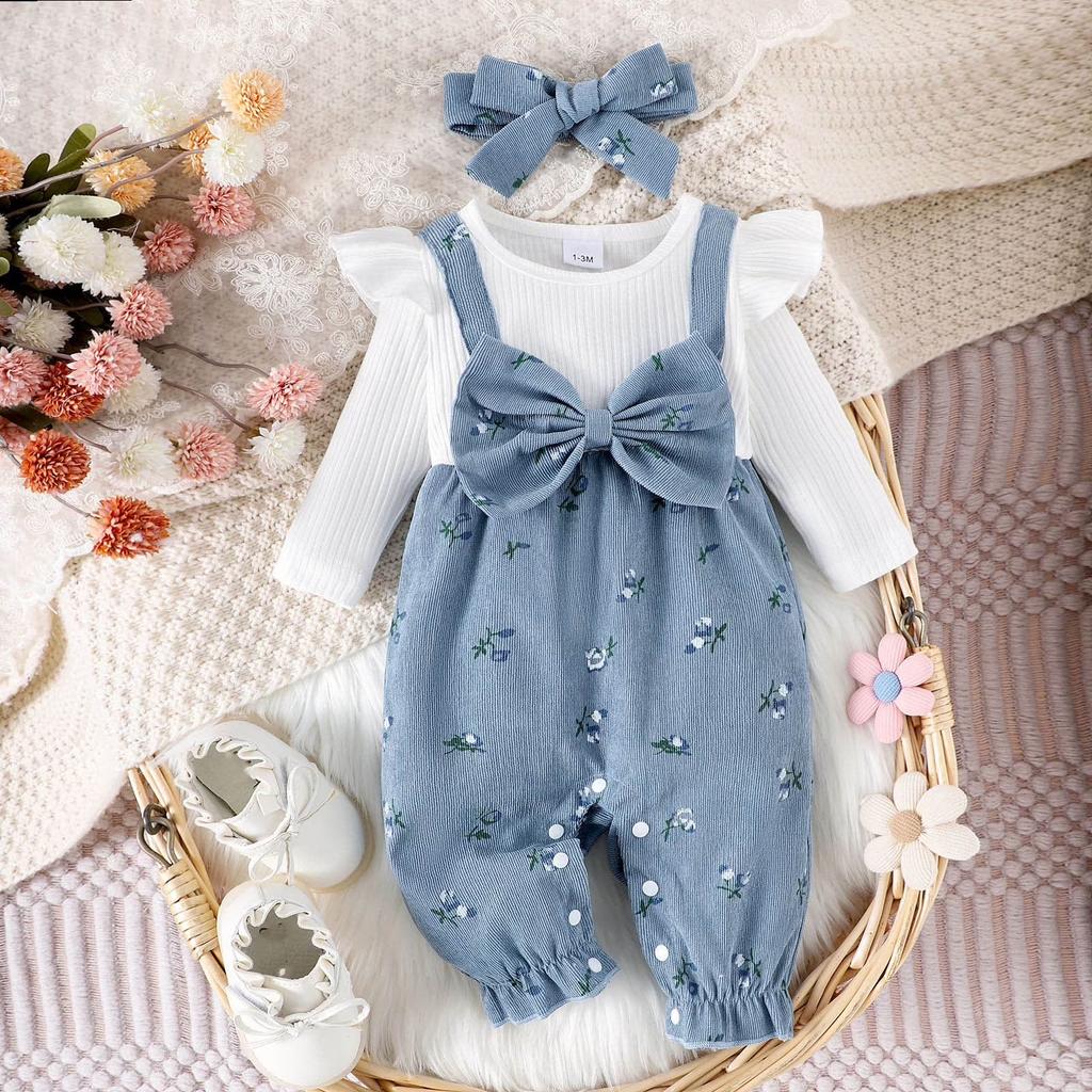 Kleinkind Mädchen 3-teiliges Outfit Set Geripptes Langarm-Oberteil mit Rüschenärmeln Blumenmuster Latzhose mit Schleife und Stirnband Herbst Winter