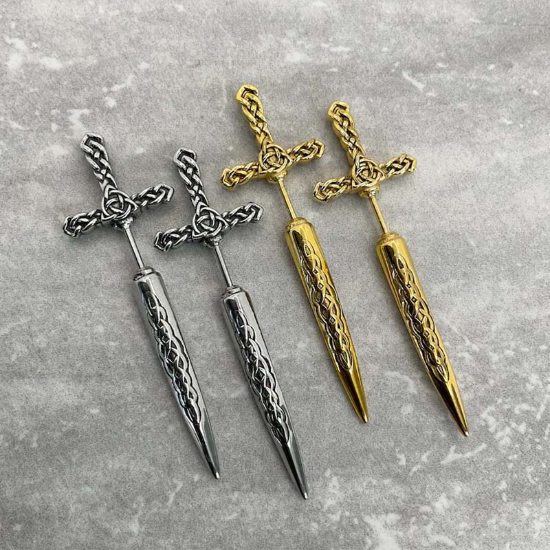 Vintage Punk Black Sword Stud Earrings for Women Men Gothic Hip Hop Metal Cross Geometric Piercing Earrings Y2K Jewelry
