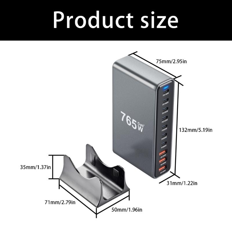 Multiple Device GaNs Charger 765W Power Delivery Fast Charging ABS PC Material 10 Port USB Charging Station