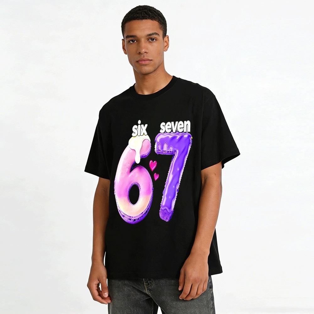 Fun Dessert Style Number 67 Print Casual T-shirts For Adults Kids Pure Cotton T-shirt