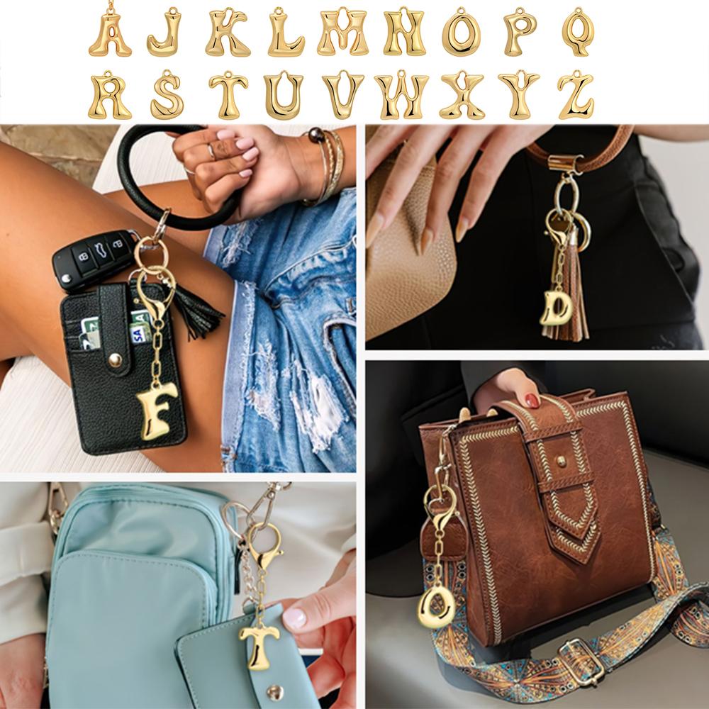 Gold Bubble Initial Keychain Letter Bag Charm for Women DIY Alphabet Purses Handbag Pendant School Backpack Gift Key Accessories
