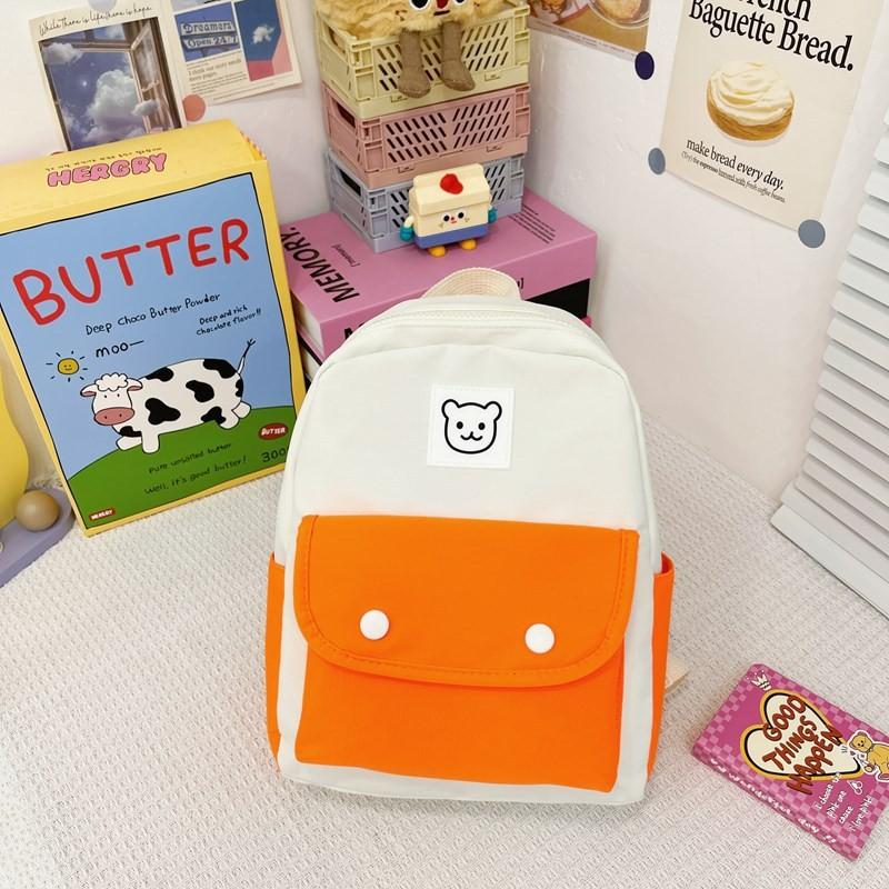 Kids Fashion Color Block Nylon School Backpack With Bear Print Design For Kindergarten Children оранжевый