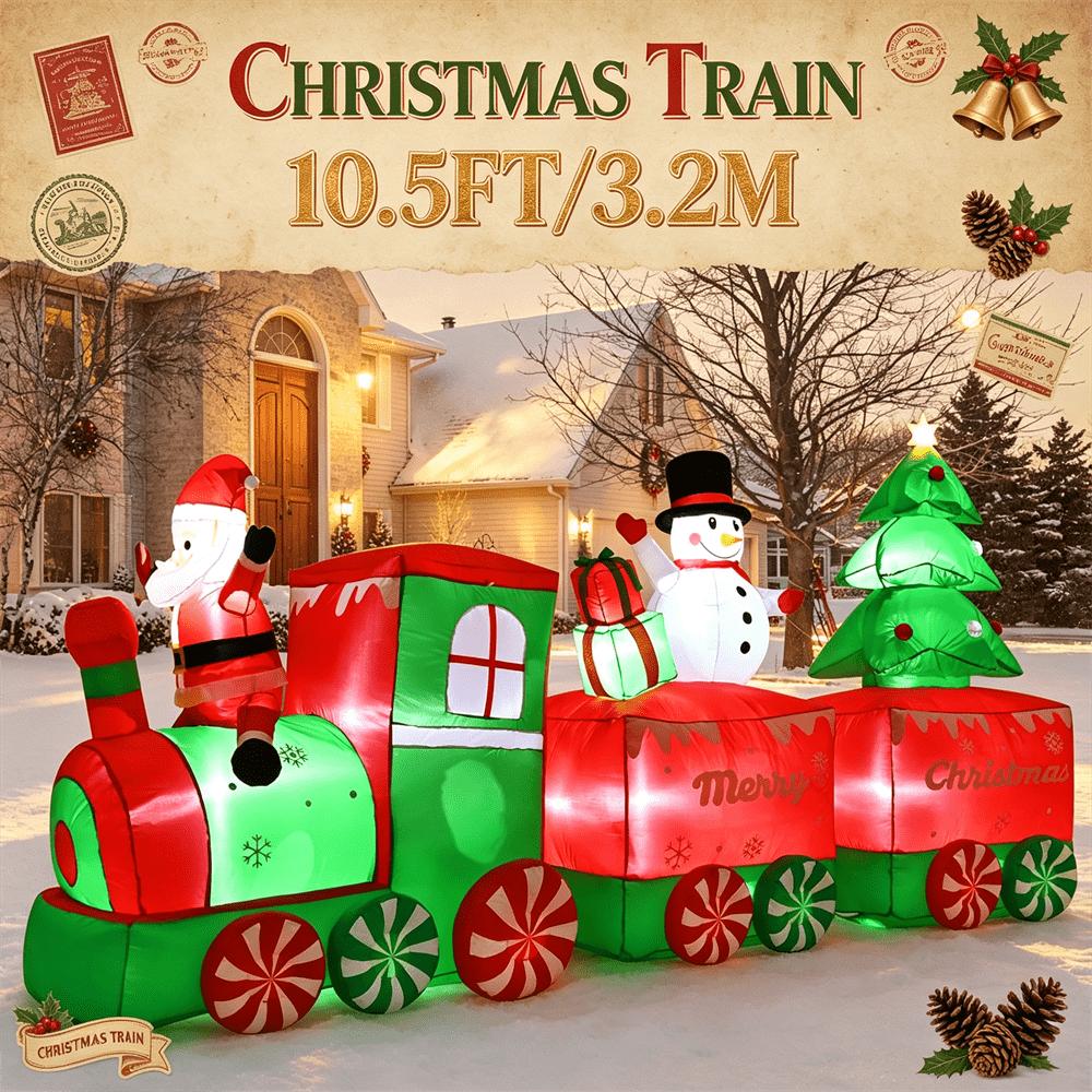 3.2M Christmas Inflatable Christmas Train Santa Snowman LED, Giant Blow Up Train Set for Yard Lawn Outdoor Christmas Holiday Decor