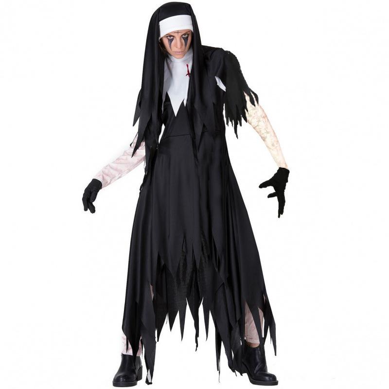 Halloween Zombie Nun Costume, Vampire Horror Bloody Grim Reaper Cross Serrated Nun Skirt
