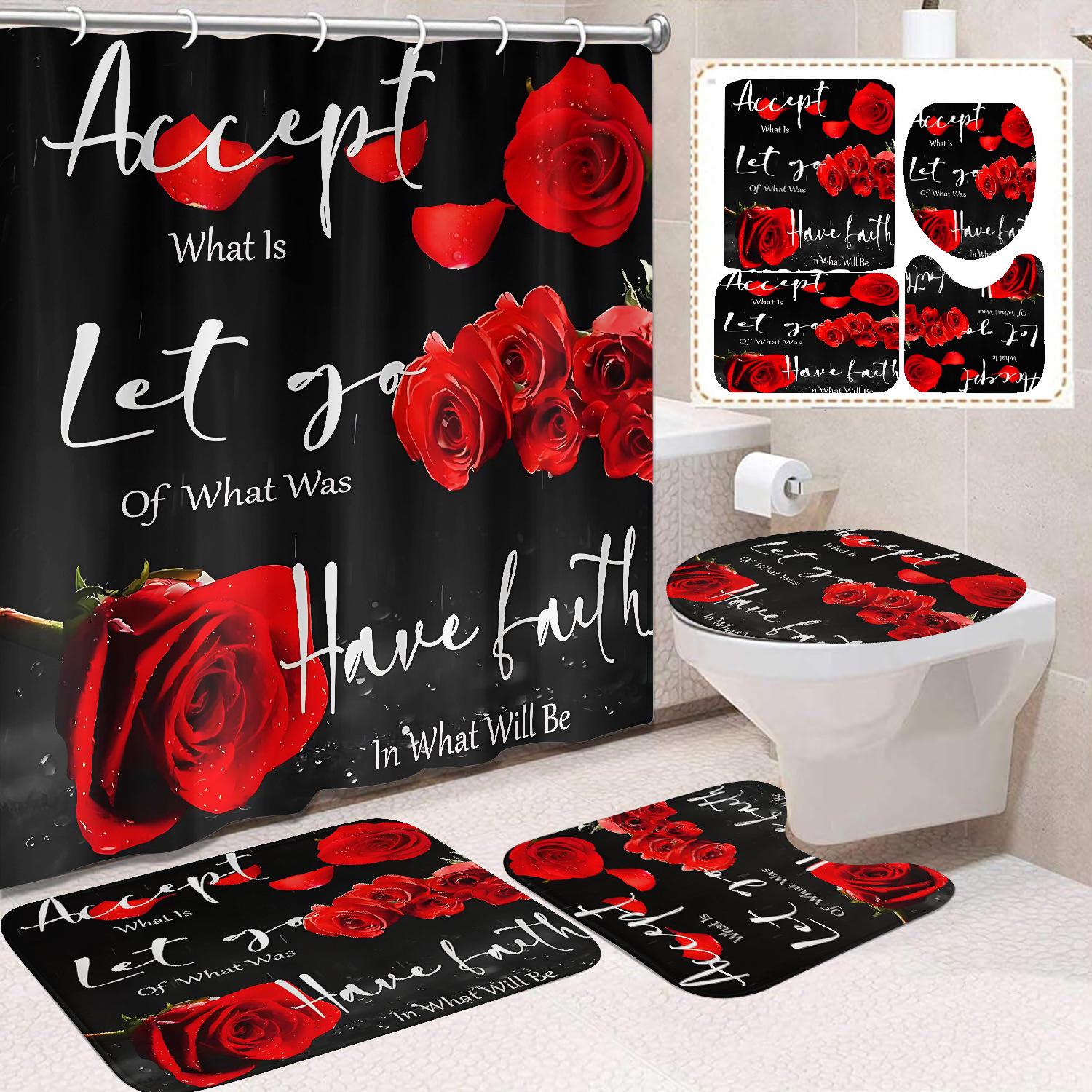 Valentine s Day Rose Shower Curtain Bathroom Curtain 3D Digital Printed Non Perforated Curtain 180*180 + three-piece set