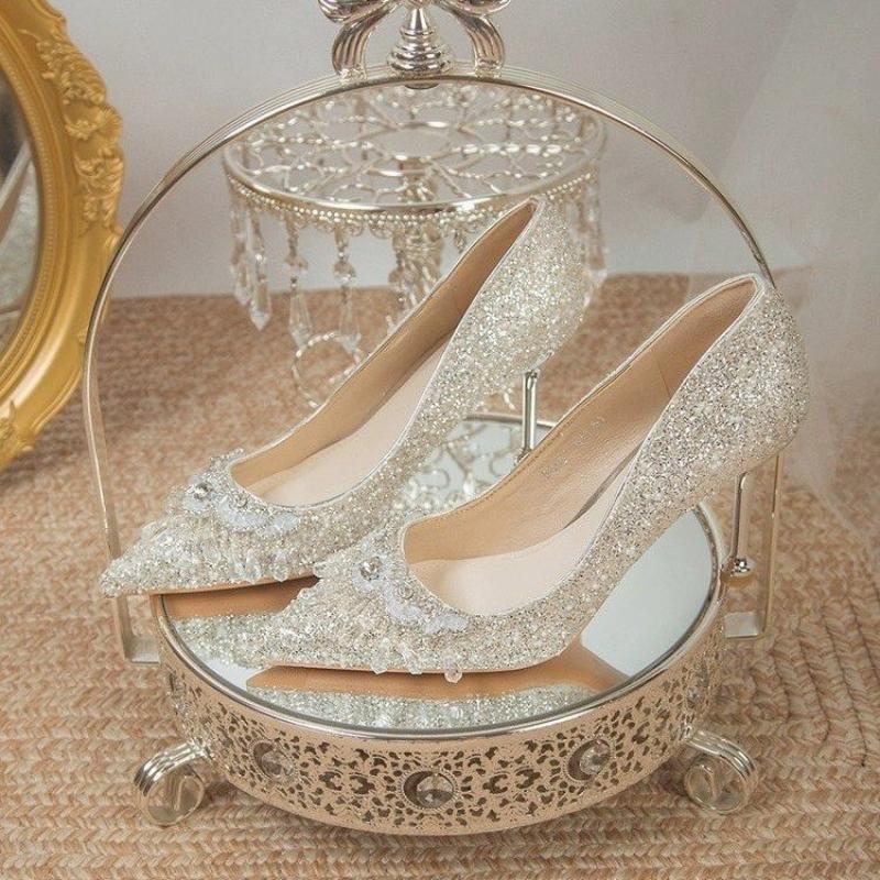 New Sequined Rhinestone Flower High Heels for Bridesmaids, Engagement Shoes, Slim Heels, Non Tiring Feet, Banquet Pumps Shoes