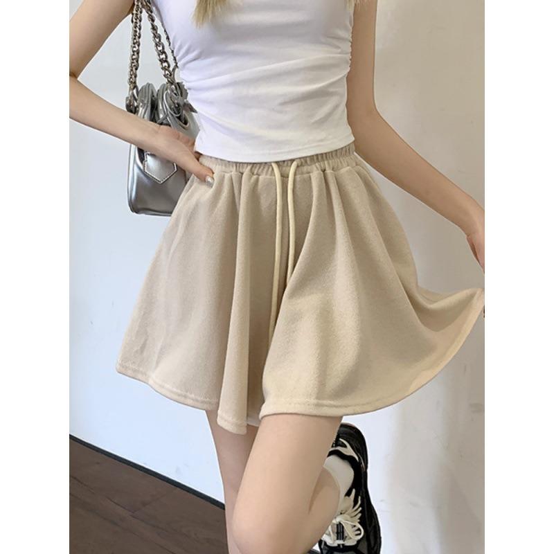 Drawstring Sports Shorts Women's Summer Elastic Waist Sag Loose Look Slim Everything with A Line Casual Wide Leg Skirt Pants