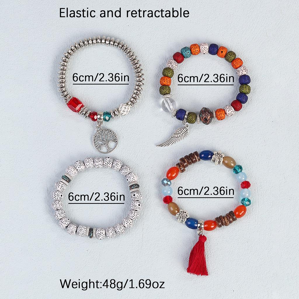 Bohemian Beaded Bracelet Set, Women's Stackable Stretch Bracelets with Tassel & Wing Charm
