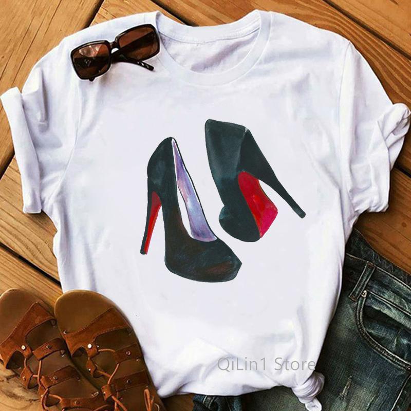 New Women's T-Shirt Pink High Heel Top Female T Shirts Lady Luxury Make Up Paris Style Shirt Harajuku Summer Tops Short Clothes