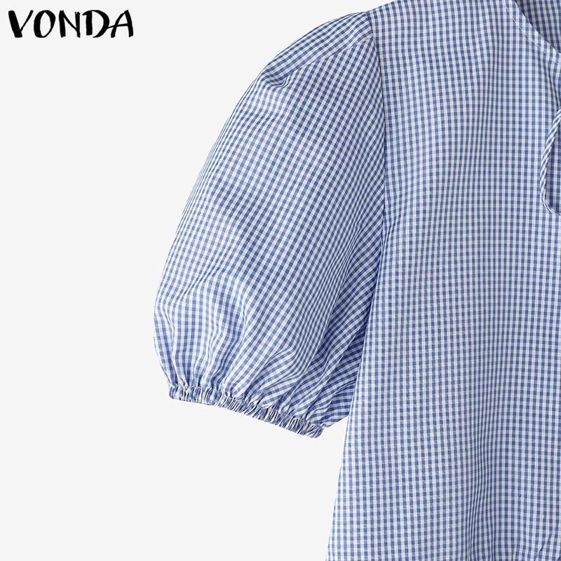 VONDA Women Summer Puff Sleeve Plaid Print Front Bow Knot Ruffled T-shirts Tops