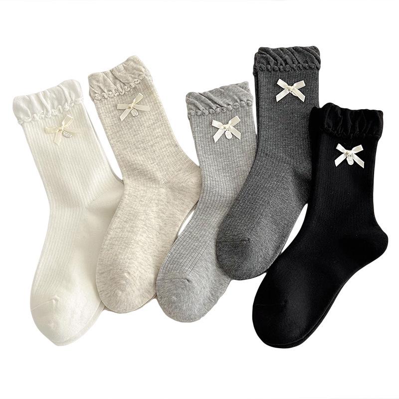 Bow Lace Cartoon Pile Off-White Mid-Calf Socks - Autumn Trendy Accessories for Kids