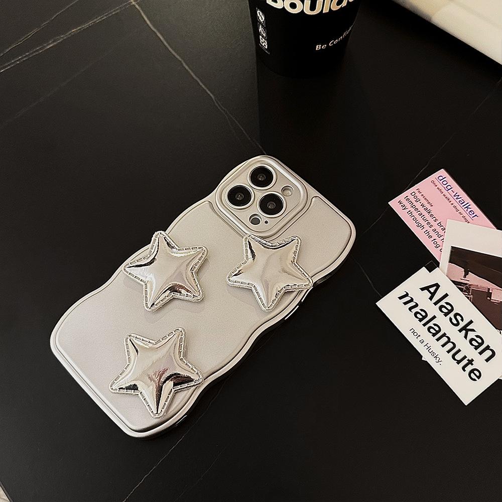 

Electroplating Silver Star Apple 13 Mobile Phone Case Iphone16 Patent Leather Three dimensional 11 Suitable for 14promax High End Chain 12pro