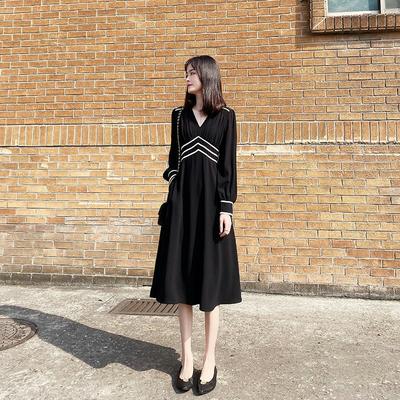 Frühlings Hepburn Stil Schwarzer Midi Rock Taillenverschlankend Schwarzer Rock Französisch Retro Langarmkleid Damen