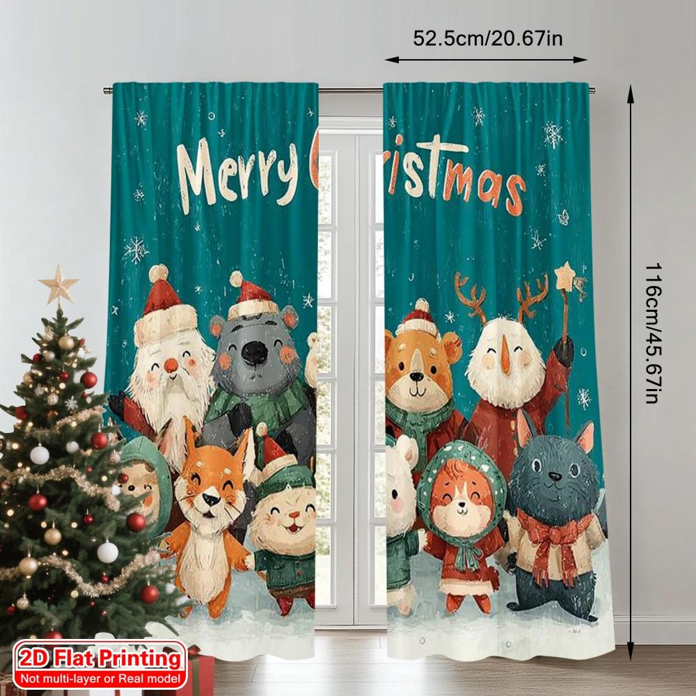 2pcs 2D flat printing Merry Christmas Curtain perfect Christmas Versatile 100% Polyester Without Electricity Birthday Party for